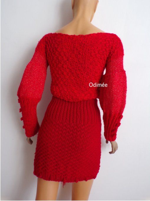 jupe tricot fait main laine rouge maille vêtement femme